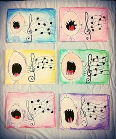 four square paintings with music notes and faces painted on them, all in different colors