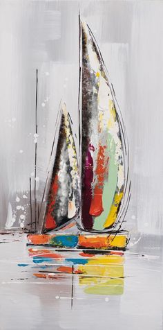 an abstract painting of two sailboats on the water