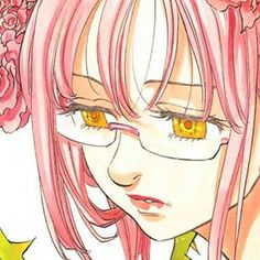 a drawing of a girl with pink hair and flowers on her head, wearing glasses