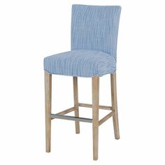 a blue and white striped bar stool with wooden legs on an isolated white background, the seat is upholstered