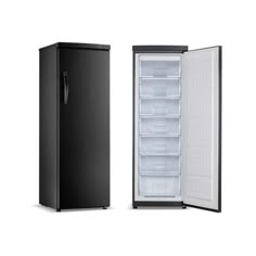 two black refrigerators side by side with the doors open and one door wide open