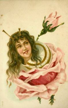 an old postcard with a woman holding a rose