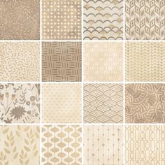 an assortment of beige and white wallpapers with different patterns on them, all in various