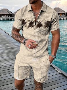 Apricot Casual Collar   Geometric  Embellished Slight Stretch  Men Clothing Causal Outfit For Man, African Shirts For Men, Vintage Suit, Mens Casual Outfits Summer, African Clothing For Men, African Shirts