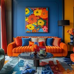 an orange and blue living room with colorful furniture on the floor, large painting in the background