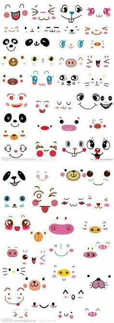 an assortment of cartoon faces with different expressions and shapes, including cats, dogs, and birds