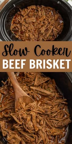 slow cooker beef brisket in a cast iron skillet with text overlay