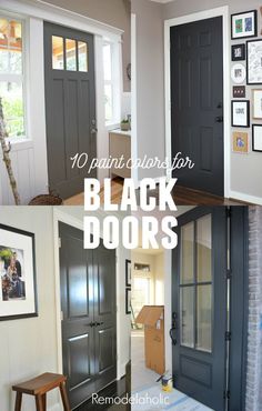 black doors with the words 10 paint options for black doors on it and below them