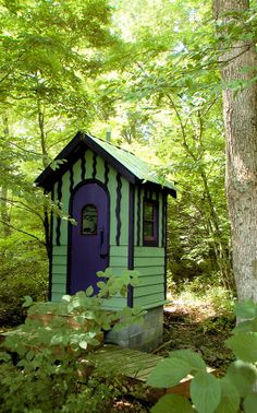 a small green and purple outhouse in the middle of some trees with lots of leaves around it