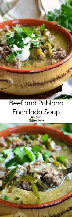 two pictures of beef and poblano enchilada soup with green peppers