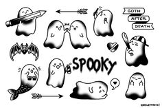 spooky halloween stickers are shown in black and white, with the words spooky written on them