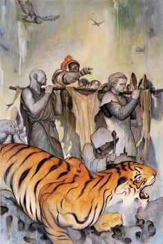 a painting of two men and a tiger