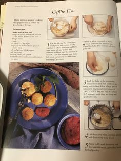 an open book with pictures of food and instructions on how to make it in the kitchen