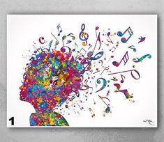 a poster with musical notes coming out of it's head and the word music