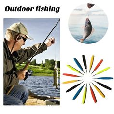 an image of a man fishing on the water with different colored rods in front of him