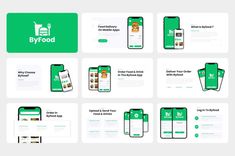 the green and white website design for byfood is displayed on several screens, including two