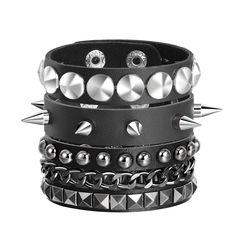 PRICES MAY VARY. Unique punk rock design with spike studded rivet bracelet adds a cool and edgy touch to any Halloween costume or everyday outfit. Material: Made of quality pu leather and alloy, these bracelets are durable and long-lasting. Adjustable size: Narrow bracelet with spike rivet decor & snap button, it allows for a comfortable fit on wrists of various sizes, making them suitable for both men and women. Versatile accessory bracelets: Punk biker brcelets can be worn individually or stac Spike Accessories, Spiky Bracelet, Punk Bracelets, Rocker Costume, Punk Character, She Kills Monsters, Cool Bracelets, Spike Bracelet, Cosplay Jewelry