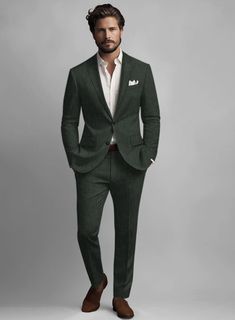 Indulge in the distinguished elegance of our Stylbiella Spring Dark Green Linen Suit. This garment is intricately woven from the pure linen, offering a luxuriously soft feel against the skin and exceptional temperature control to elevate your comfort during the warmer months. The suit’s rich dark green color, expertly crafted in a sleek plain weave, is impeccably suited for a variety of upscale events—from weddings to formal dinners and important business engagements. Step into sophistication an Khaki Green Suit, Dark Sage Green Groom Suit, Formal Suit Outfit Men, Mens Suit Ideas For Wedding, Men’s Dark Green Suit, Men’s Green Formal Suit, Forest Green Groomsmen Suits, Hunter Green Suits For Men Wedding, Men’s Wedding Suits Black