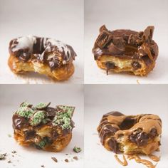 four different pictures of chocolate covered doughnuts