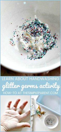 a white plate with sprinkles on it and the words learn about handwashing glitter gems activity