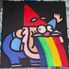 a painting of a cartoon character with a rainbow in his hand on a black background