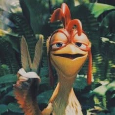 an animated bird with red hair and big eyes in the jungle, holding a banana