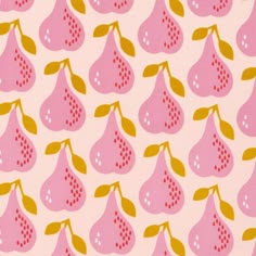 a pink and yellow pattern with pears on it