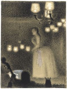 a black and white drawing of a woman standing in front of a chandelier