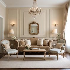 a living room filled with furniture and a chandelier