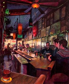 a painting of people sitting at a bar