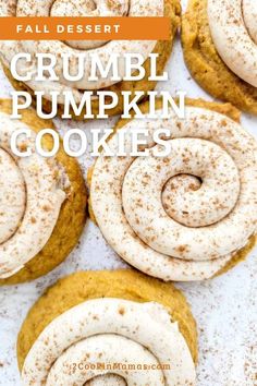 pumpkin cookies with cream cheese frosting and sprinkles on top, in front of the words fall dessert crumbl pumpkin cookies