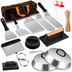 PRICES MAY VARY. 【SUPER VALUE SET】 Package included: Carrying Bag, 2 Melting Dome, Burger Turner, Long Griddle Spatula, Perforation Spatula, Metal Spatula, Griddle Flipper, Griddle Scraper, Griddle Press, Plastic Burger Press, Pepper Mill, 2 Egg Rings, 2 Squeeze Bottles, Scourer, Small Screwdriver, This professional griddle accessories set will meet most cooking needs, ideal for Outdoor BBQ, Teppanyaki, Burger making, etc. A wonderful gift on Father’s Day, Thanksgiving Day, Christmas 【PREMIUM MA Cast Iron Burgers, Griddle Accessories, Metal Spatula, Grill Press, Barbecue Camping, Home Burger, Egg Rings, How To Cook Burgers