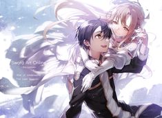 two anime characters hugging each other in front of an artistic background with snowflakes