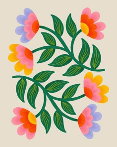 colorful flowers are arranged in a circle on a beige background, with green leaves and orange centers