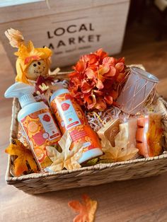 a basket filled with lots of items on top of a wooden table