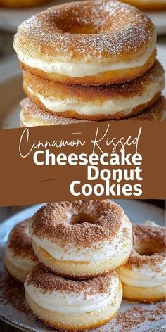 cinnamon - kissed cheesecake donuts are stacked on top of each other