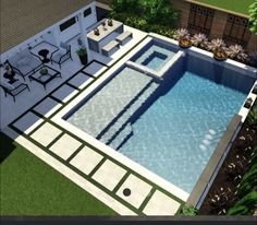 an aerial view of a swimming pool and patio area with tables and chairs around it