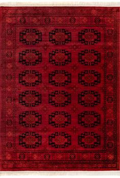 a red and black rug with an intricate design on the center, surrounded by smaller circles