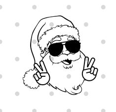 a black and white drawing of santa claus giving the peace sign with sunglasses on his head