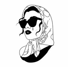 a drawing of a woman wearing sunglasses and a scarf with an angel on her head