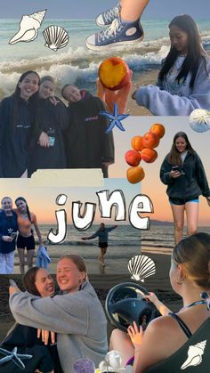 collage of photos with people on the beach and in front of them are oranges