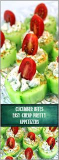 cucumber bites are topped with cream cheese and tomatoes for appetizers or desserts