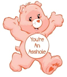 a pink teddy bear holding a sign that says you're an ashhole