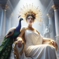 a beautiful woman sitting on top of a chair next to a peacock in front of her