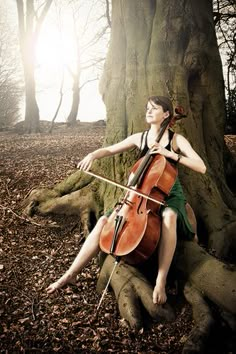 a woman sitting on top of a tree holding a violin