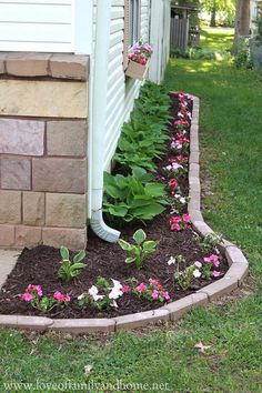 some pink and white flowers are growing in the flower bed by the side of a house