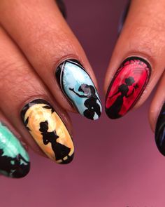 Disney Castle Nail Art, Coco Nails Disney, Disney Villain Nails, Snow White Nails, Jasmine Nails, Beauty And The Beast Nails, Little Mermaid Nails, Silhouette Nails, Coco Nails