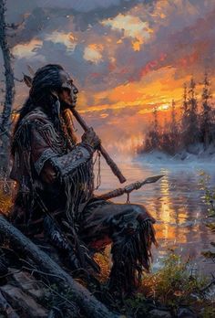 a painting of a native american man sitting by the water