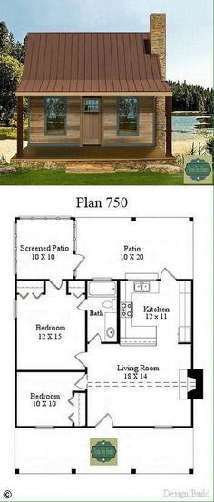 the floor plan for a small log cabin with loft and living quarters, is shown