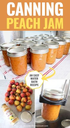 canning peach jam in mason jars with text overlay